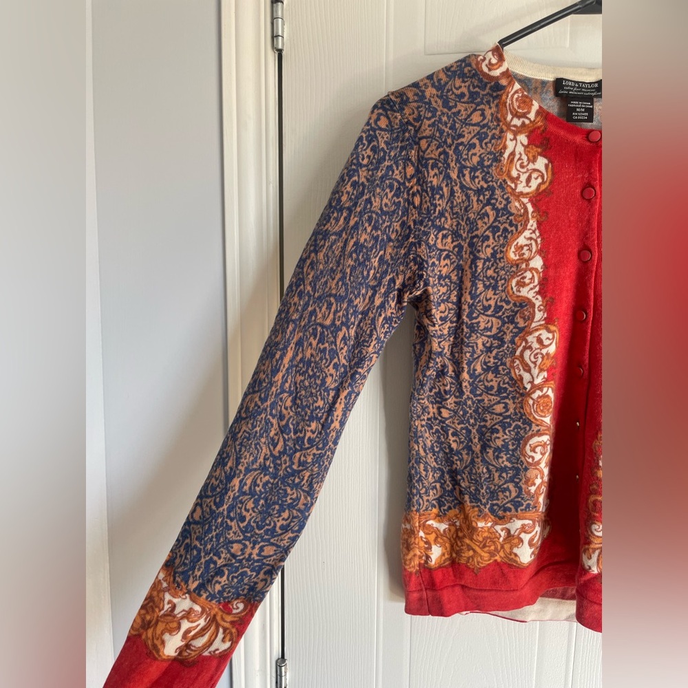 Red Cardigan Lord & Taylor Merino Wool Baroque Tapestry Sweater Size M Vintage - Picture 3 of 13